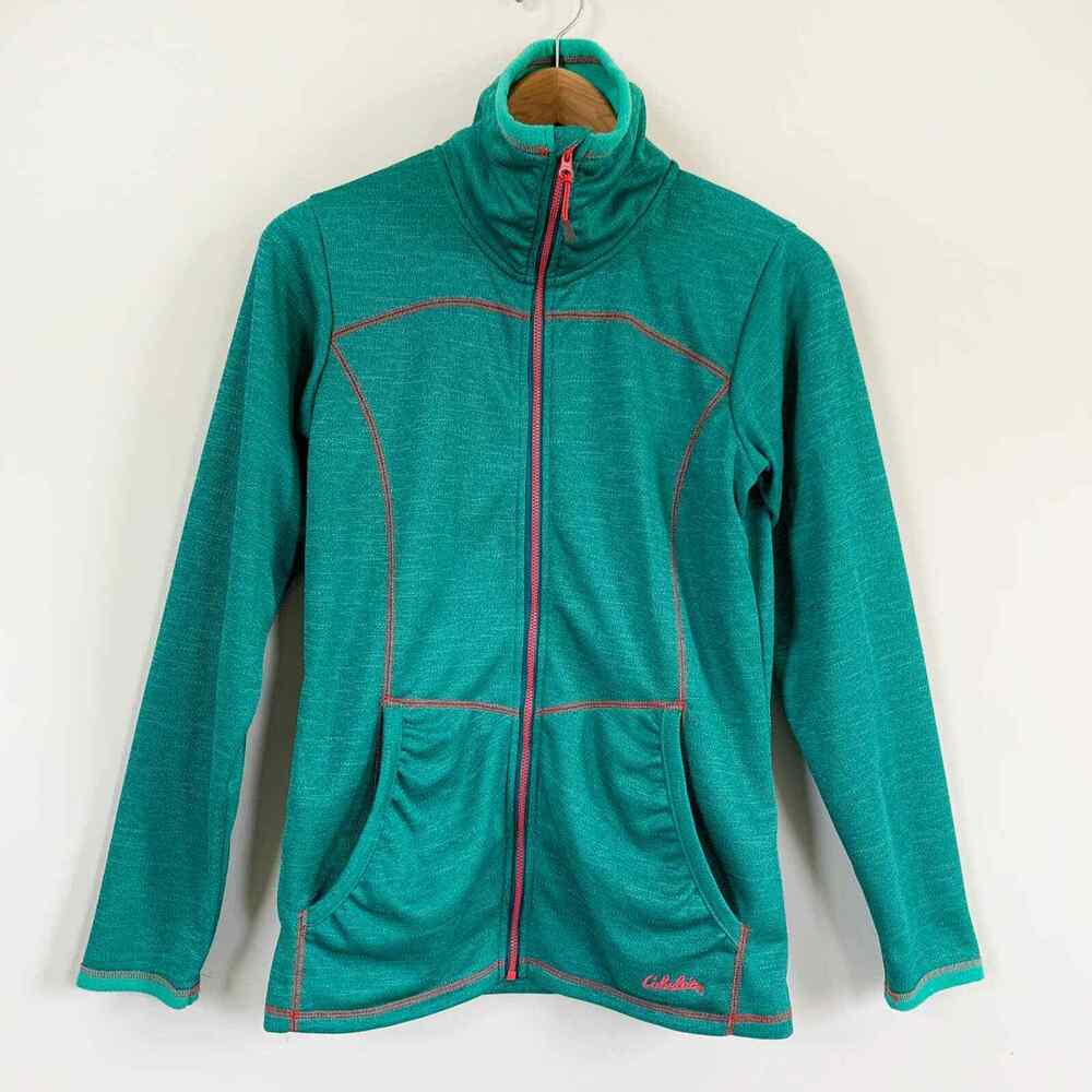 Cabela's Womens Small Fleece Jacket Full Zip Green Pink Trim Hiking Outdoor